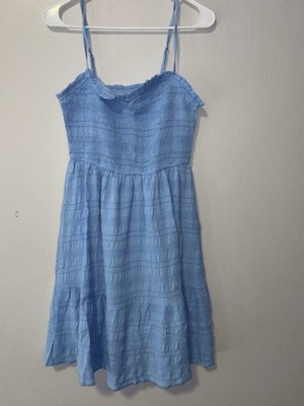 Blue S Sleeveless Strappy V-Neck Smocked Adjustable Strap Midi Sundress Ruffle
